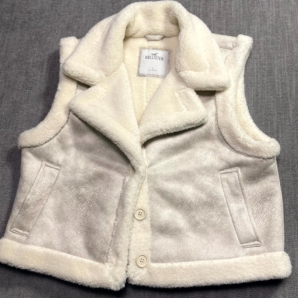Hollister Vest Womens Large Ivory Sherpa Faux Suede Shearling Gilet Notch Lapel